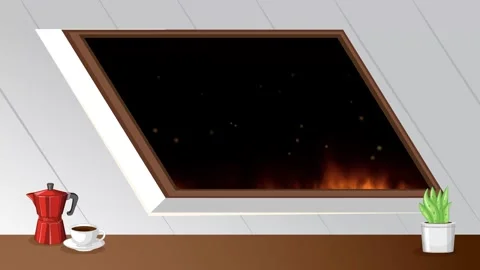 Animated Fire Burning in Fireplace with Coffee and Potted Plant Stock Footage 348190053