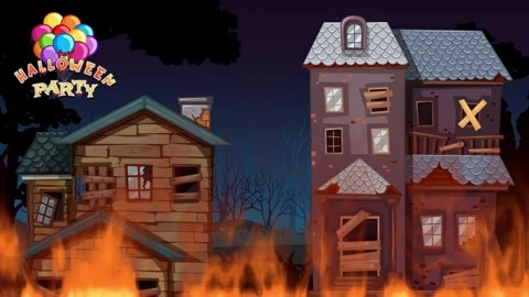Animated Fire Burning in Front of Spooky Haunted Houses at Night Stock Footage 342218188