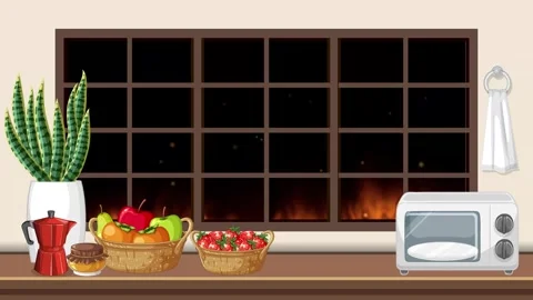 Animated Fire Burning Outside a Dark Kitchen Window at Night Stock Footage 345317757