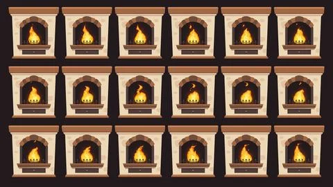 Animated fire in fireplace. Flames animation in retro home wood burning fir.. Stock Illustration