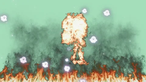 Animated fireballs exploding above burning flames with floating ghost 動画素材 347481025