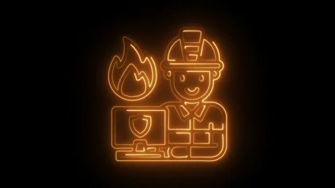 Animated firefighter icon with computer shield and flame glowing on black b.. Stock Footage 309913839