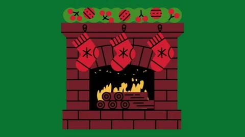 Animated fireplace with burning logs, red stockings, and festive garland Video stock 320286835