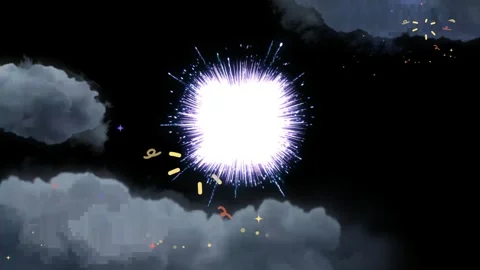 Animated fireworks display against a dramatic stormy sky with lightning Stock Footage 338390110