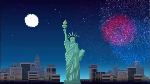 Animated Fireworks Display Over Statue of Liberty and New York City Skyline Stock Footage 329008595