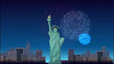 Animated Fireworks Display Over the Statue of Liberty and New York Skyline Stock Footage 329658514