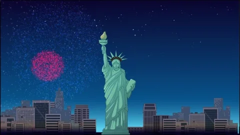Animated Fireworks Display Over the Statue of Liberty and New York Skyline Stock Footage 333296523