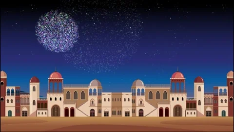 Animated Fireworks Exploding Over a Middle Eastern Desert City at Night Stock Footage 328616077