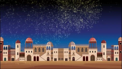 Animated Fireworks Exploding Over a Traditional Middle Eastern Desert City 動画素材 328487392