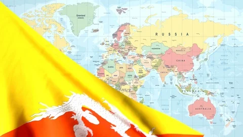 Animated Flag of Bhutan with a Pin on a Worldmap - 29.97 FPS Stock Footage 88361741