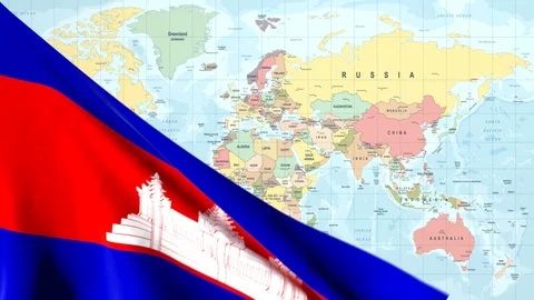 Animated Flag of Cambodia With a Pin on a Worldmap - 29.97 FPS Stock Footage