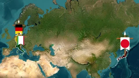 Animated flags of Germany, Italy, and Japan moving across a satellite map Stock Footage 335645147