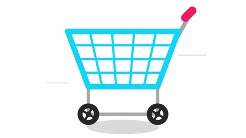 Animated flat design blue shopping cart moving forward on white background for Stock Footage 338403081