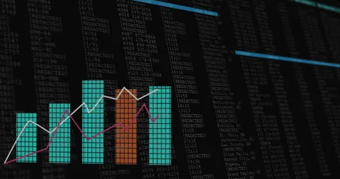 Animated flat design data chart presenting turquoise columns with orange bar and Stock Footage 309155970