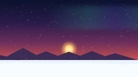 Animated Flat Design Landscape with a Glowing Sun Setting Behind Purple Stock Footage 345427097