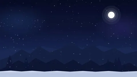 Animated flat design night landscape with glowing moon and stars over snowy Video stock 345430566