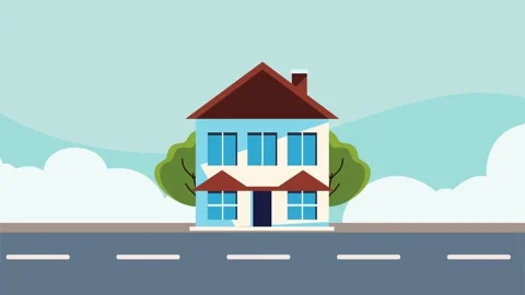 Animated flat design suburban house with motion clouds and trees in backgroun Stock Footage 339049321