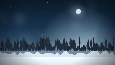 Animated flat design winter night landscape with snowy forest and glowing full Stock Footage 345428343