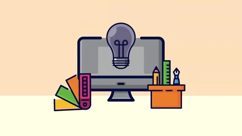Animated flat graphic design concept with monitor and creative tools. Stock Footage 339070396