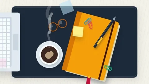 Animated Flat Lay of Office Desk with Notebook, Coffee, and Laptop Stock Footage 344513998