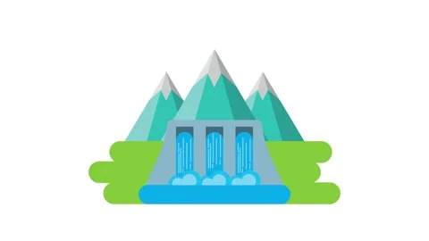 Animated flat style hydroelectric power dam with mountains in background re.. Stock Footage 339059540