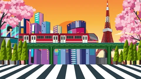 Animated Flat Vector Illustration of a Modern Japanese City at Sunset Stock Footage 341719394