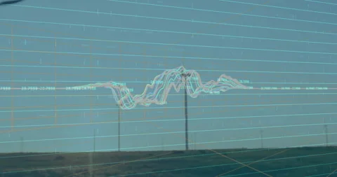 Animated flat wind turbines rising across grassy plain, showcasing waveform data Stock Footage 307464031