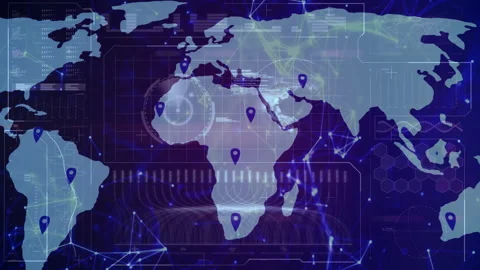 Animated flat world map being visualized in center, with purple pins, UI Vidéo 307550964