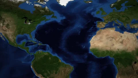 Animated Flight Map Route from Chicago to Frankfurt Over Atlantic Ocean Stock Footage 345012268