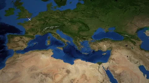 Animated Flight Map Route Tracking an Airplane from London to Cairo Stock Footage 341719633