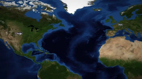 Animated Flight Map Showing Airplane Route from Denver to Paris Stock Footage 345463579