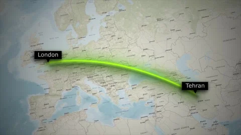 Animated Flight Map Tehran to London Route on World Map Stock Footage 328995431