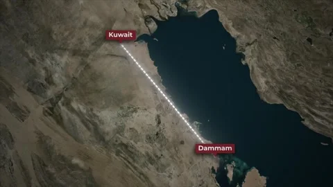 Animated Flight Path Dammam to Kuwait on Satellite Map Stock Footage 340526443