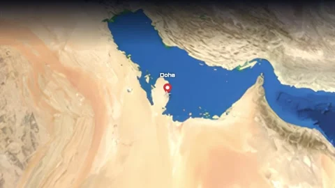 Animated Flight Path Map from Doha Qatar to Phoenix Arizona USA Stock Footage 338150932