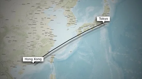 Animated Flight Path Map from Hong Kong to Tokyo on World Map Video stock 325081868