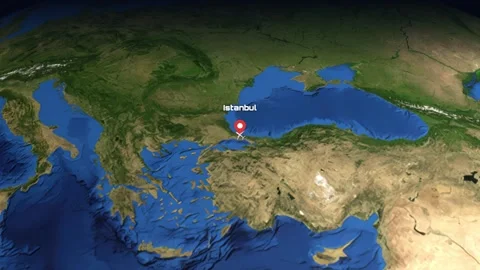 Animated Flight Path Map from Istanbul Turkey to Chicago USA Stock Footage 345012335