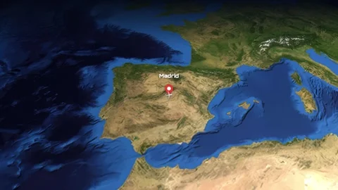 Animated Flight Path Map from Madrid Spain to Kuala Lumpur Malaysia Video stock 337864621