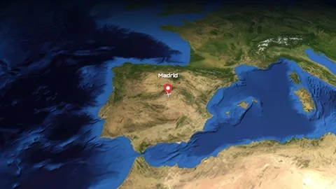 Animated Flight Path Map from Madrid Spain to Delhi India Stock Footage 341073280