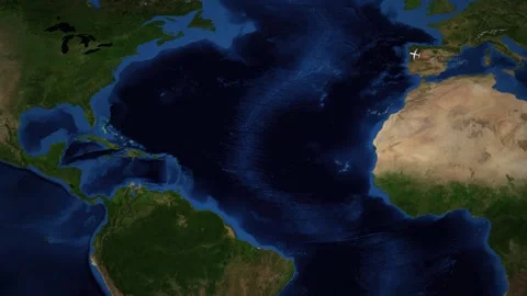 Animated Flight Path Map Showing Airplane Traveling from Madrid to Miami Stock Footage 340948454