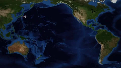Animated Flight Path Map Showing Airplane Traveling Tokyo to New York Stock Footage 345012520