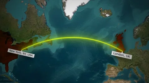 Animated Flight Path from New York to London on World Map Stock Footage 321756970