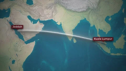 Animated Flight Route Jeddah to Kuala Lumpur on World Map Stock Footage 340416963