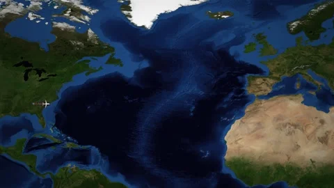 Animated Flight Route Map from Atlanta to Paris Across the Atlantic Ocean Stockbeeldmateriaal 345012527