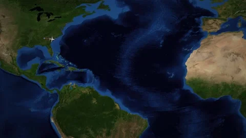 Animated Flight Route Map from Atlanta to Lisbon Across the Atlantic Ocean Stock Footage 346680035