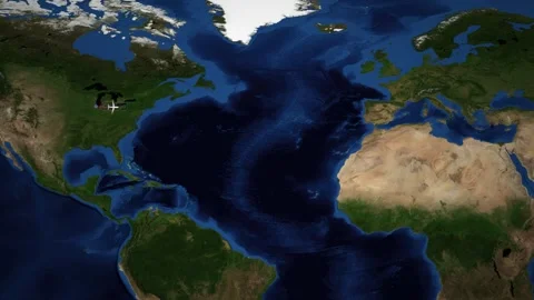 Animated Flight Route Map from Chicago to Copenhagen Across Atlantic Ocean Stock Footage 341464434