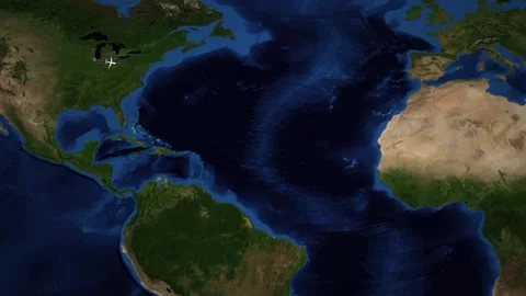 Animated Flight Route Map from Chicago to Madrid Over Atlantic Ocean Stock Footage 345012301