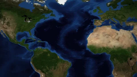 Animated Flight Route Map from Chicago to Munich Across Atlantic Ocean Stock Footage 345462610