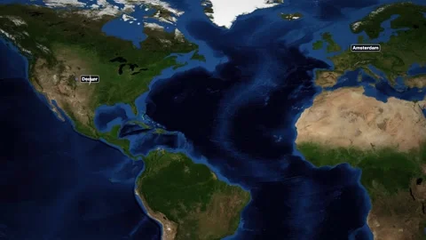 Animated Flight Route Map from Denver to Amsterdam Across Atlantic Ocean Stock Footage 340374195