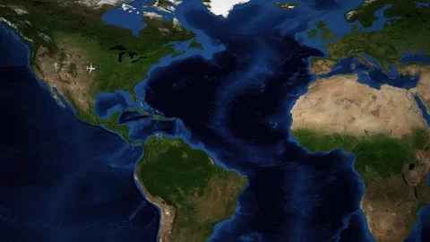 Animated Flight Route Map from Denver to Zurich Across Atlantic Ocean Stock Footage 341464507
