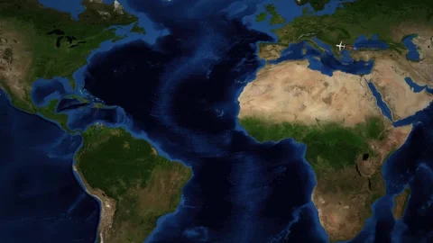 Animated Flight Route Map from Istanbul to Panama City Across Atlantic Ocean Stock Footage 335496169